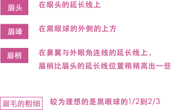 头 在眼头的延长线上 眉峰 在黑眼球的外侧的上方 眉梢 在鼻翼与外眼角连线的延长线上,眉梢比眉头的延长线位置稍稍高出一些