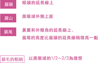 眉頭 眼頭的延長線上。眉山 黑眼球外側上面。眉尾 鼻翼和外眼角的延長線上,眉尾的高度比眉頭的延長線稍微高一點。