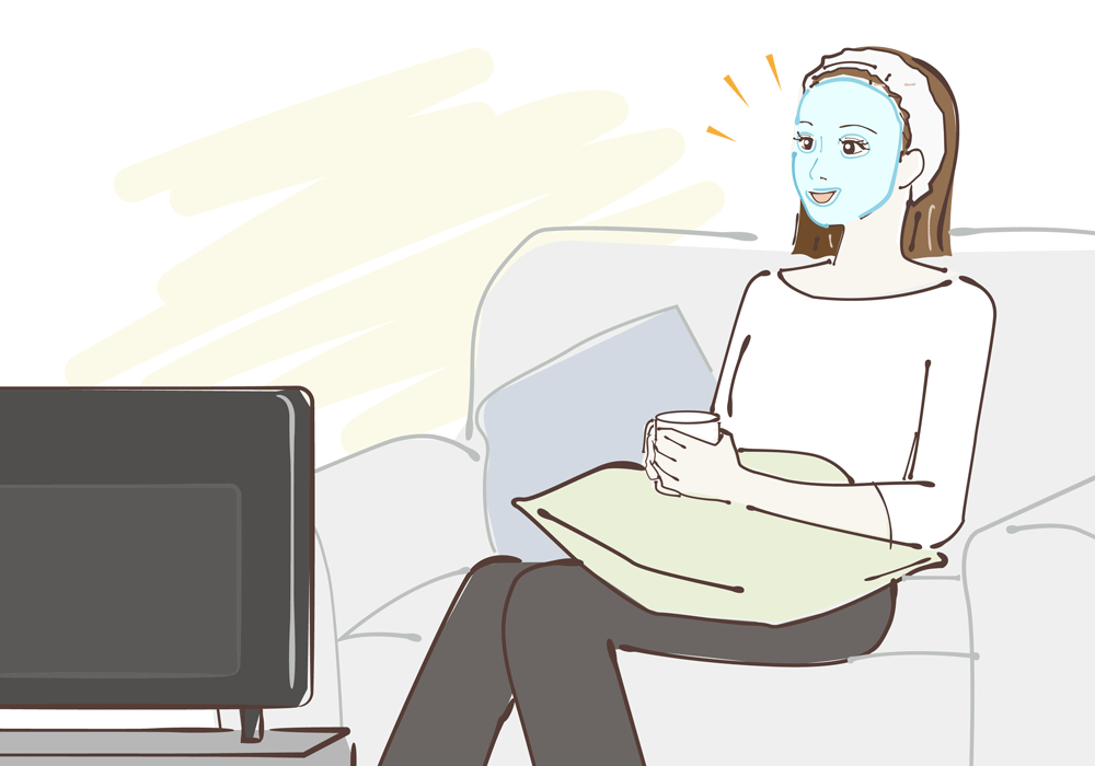 テレビを見ながらジェルマスクをしている女性のイラスト